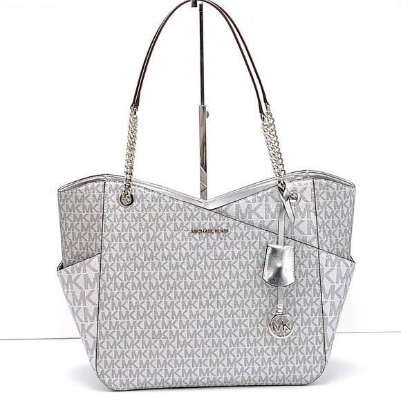 MICHAEL KORS JET SET LARGE X CHAIN SHOULDER TOTE SILVER SIGNATURE COLOR - Picture 2 of 16